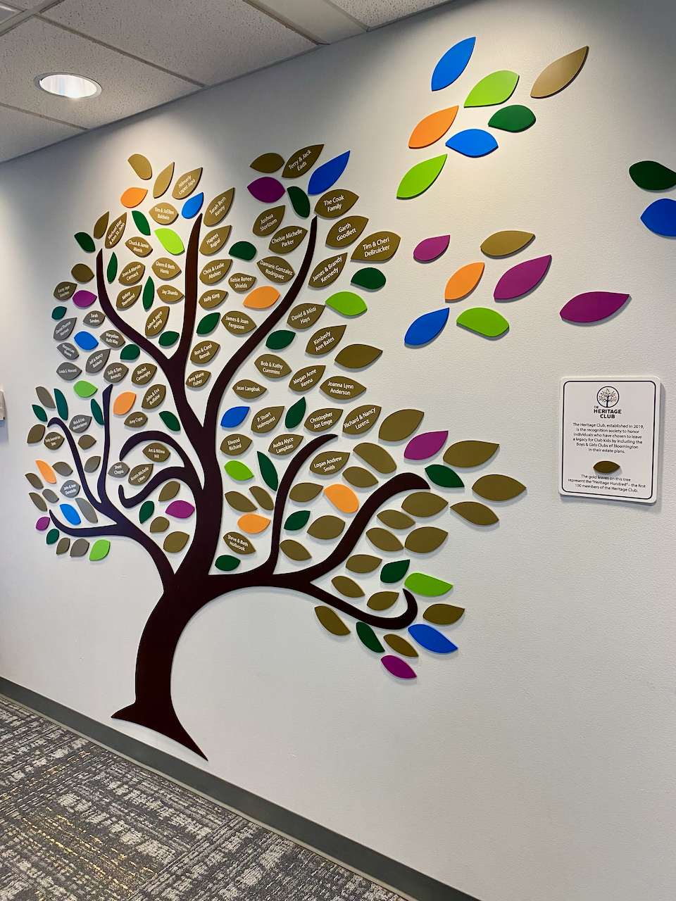The Heritage Club Legacy Tree mural at the Boys & Girls Clubs of Bloomington, with a named leaf for each member